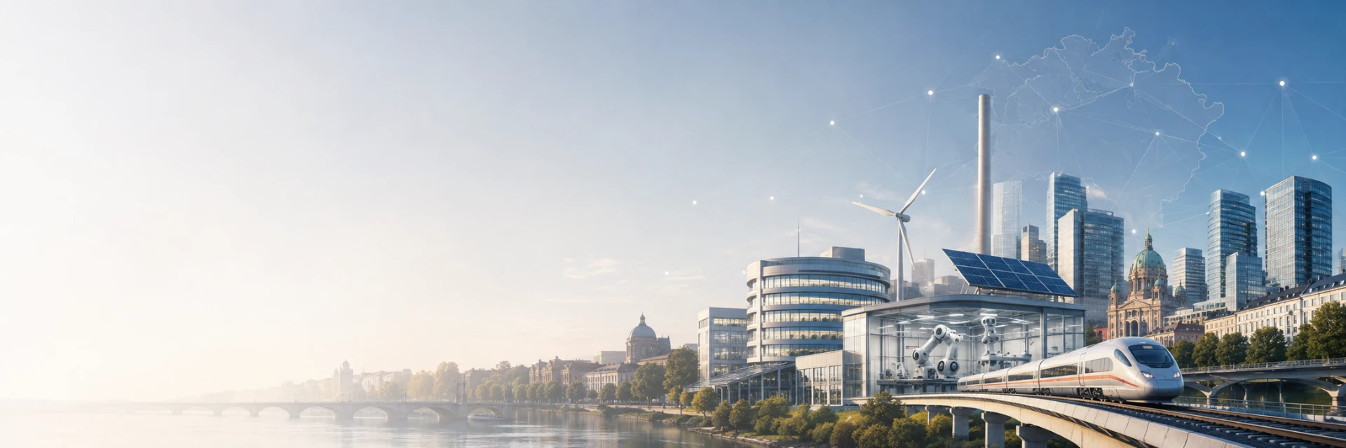 Ostdeutschland im Aufbruch: Fluss, ICE-Trasse, moderne Architektur, Windenergie und digitale Infrastruktur
